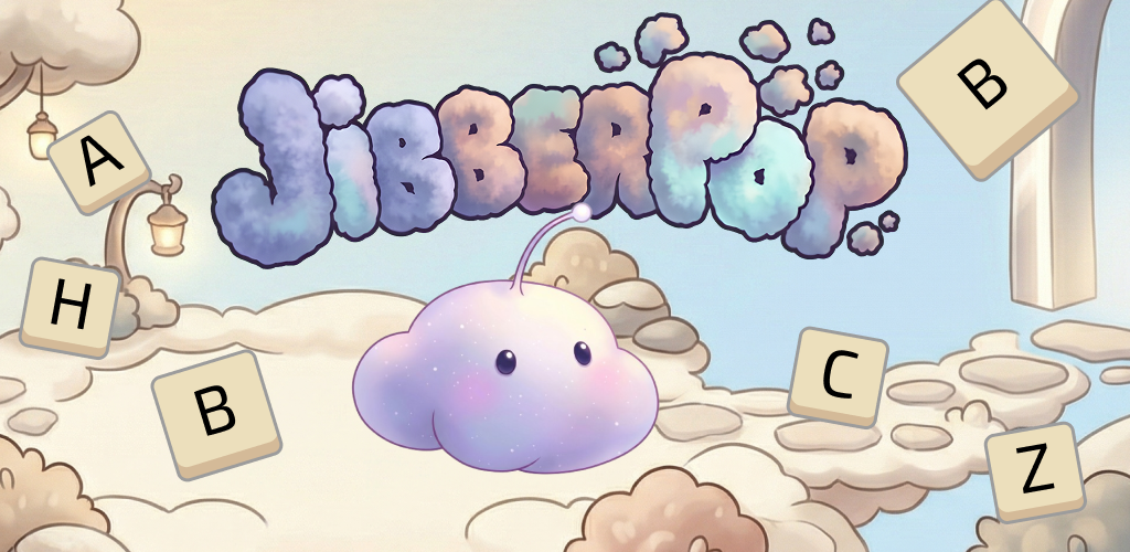 Jibberpop key art — Jibby the cloud-creature on a painted forest scene with floating letter tiles