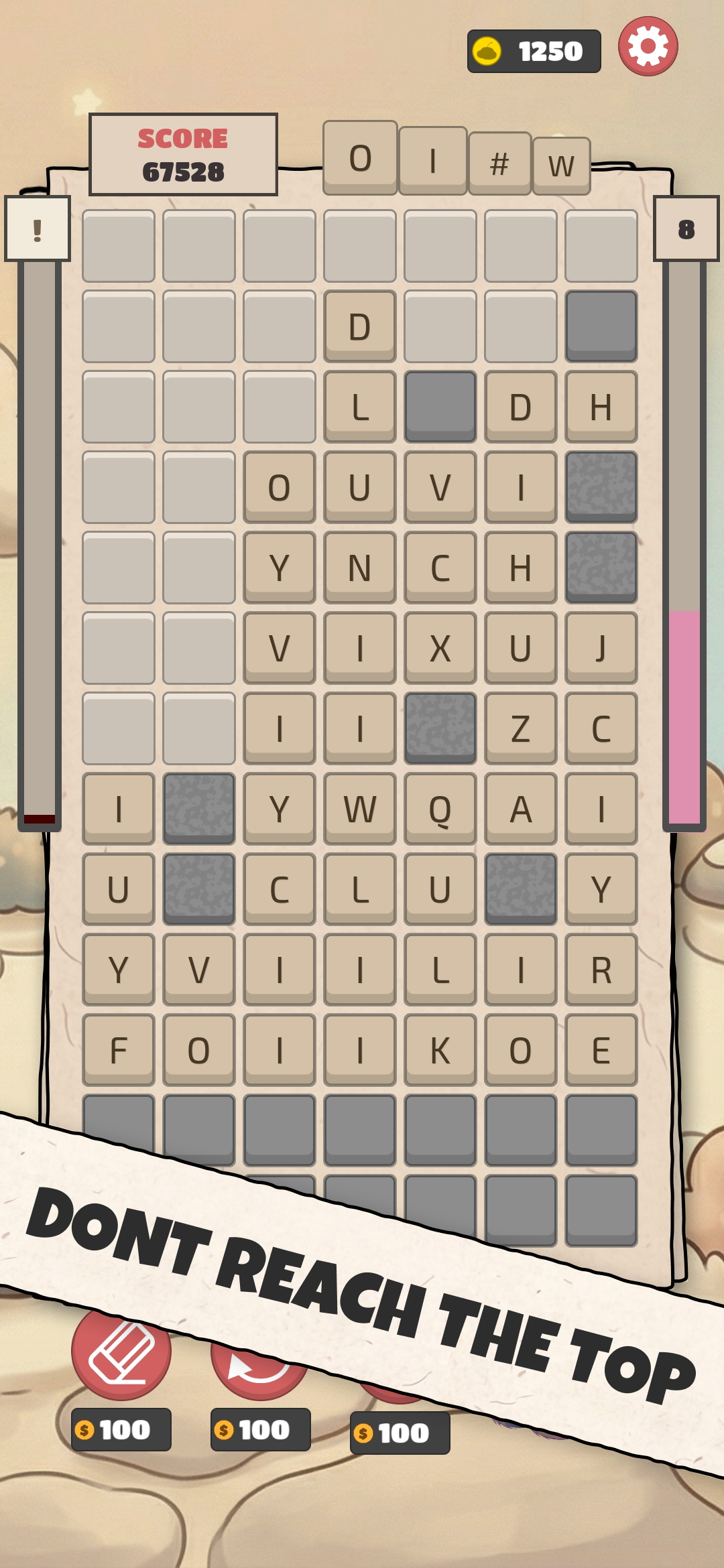 Endless mode showing a tall stack of letter tiles